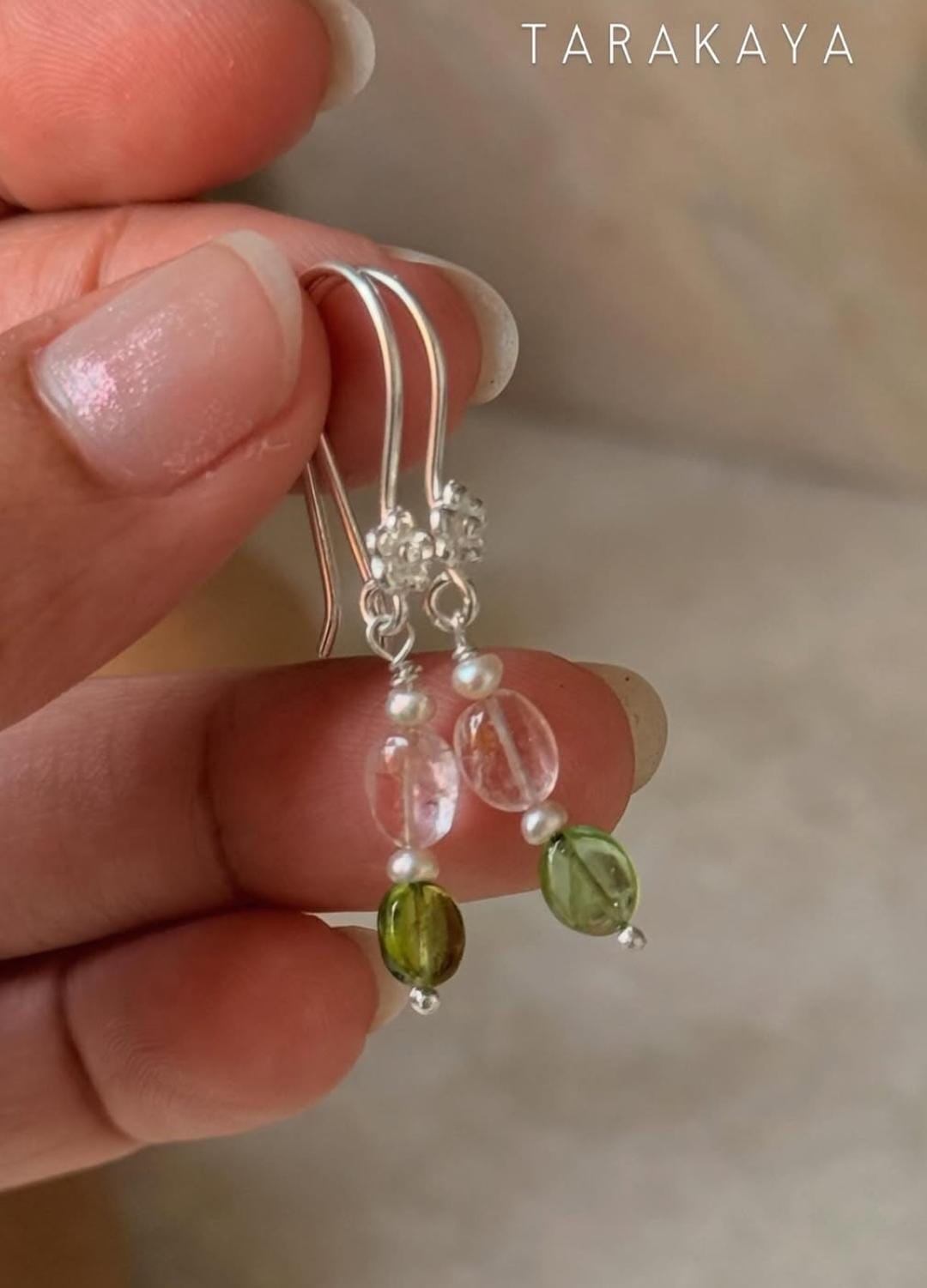 925 Sterling Silver Pink Tourmaline , Green Tourmaline & Fresh Water Pearls Handcrafted Pretty Floral Hook Earrings