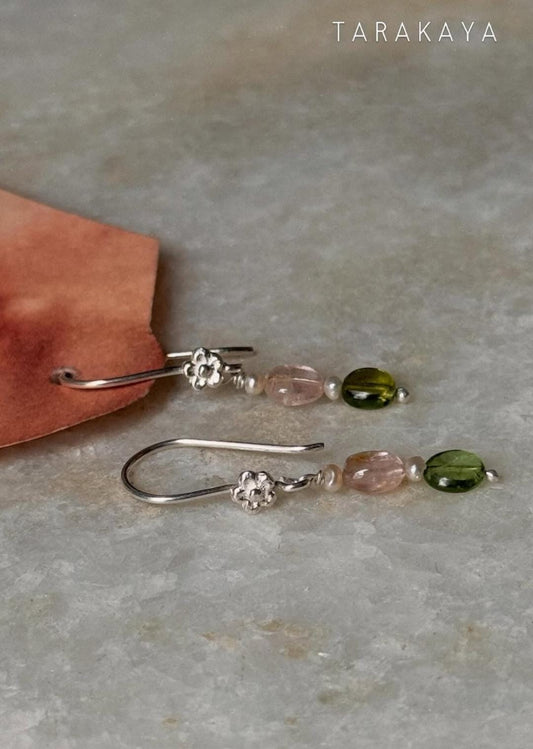 925 Sterling Silver Pink Tourmaline , Green Tourmaline & Fresh Water Pearls Handcrafted Pretty Floral Hook Earrings