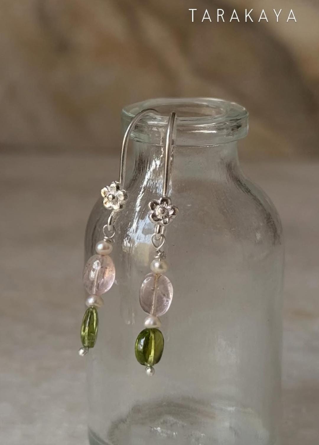 925 Sterling Silver Pink Tourmaline , Green Tourmaline & Fresh Water Pearls Handcrafted Pretty Floral Hook Earrings