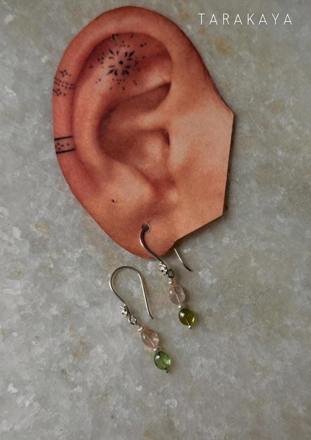 925 Sterling Silver Pink Tourmaline , Green Tourmaline & Fresh Water Pearls Handcrafted Pretty Floral Hook Earrings