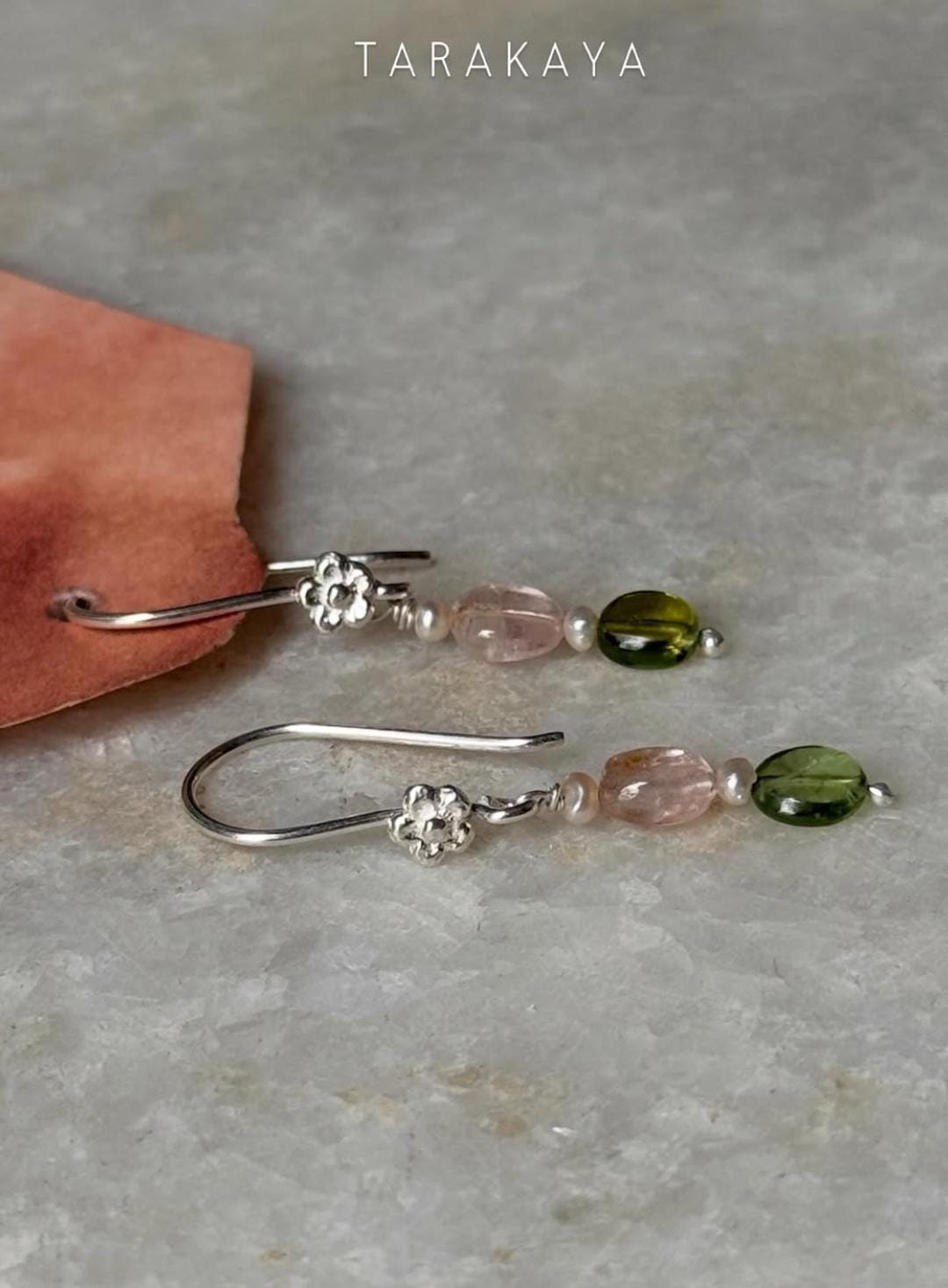 925 Sterling Silver Pink Tourmaline , Green Tourmaline & Fresh Water Pearls Handcrafted Pretty Floral Hook Earrings