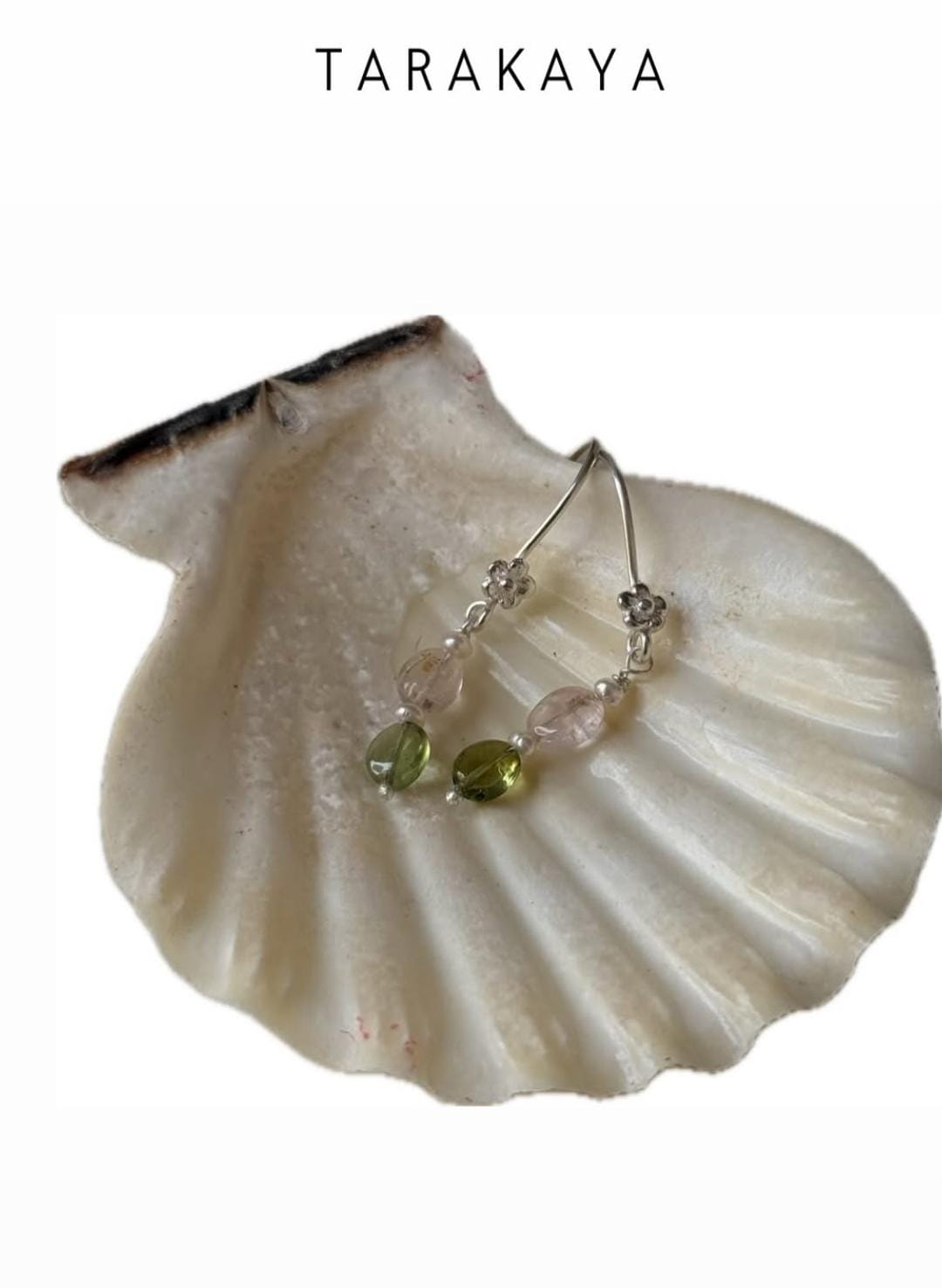925 Sterling Silver Pink Tourmaline , Green Tourmaline & Fresh Water Pearls Handcrafted Pretty Floral Hook Earrings