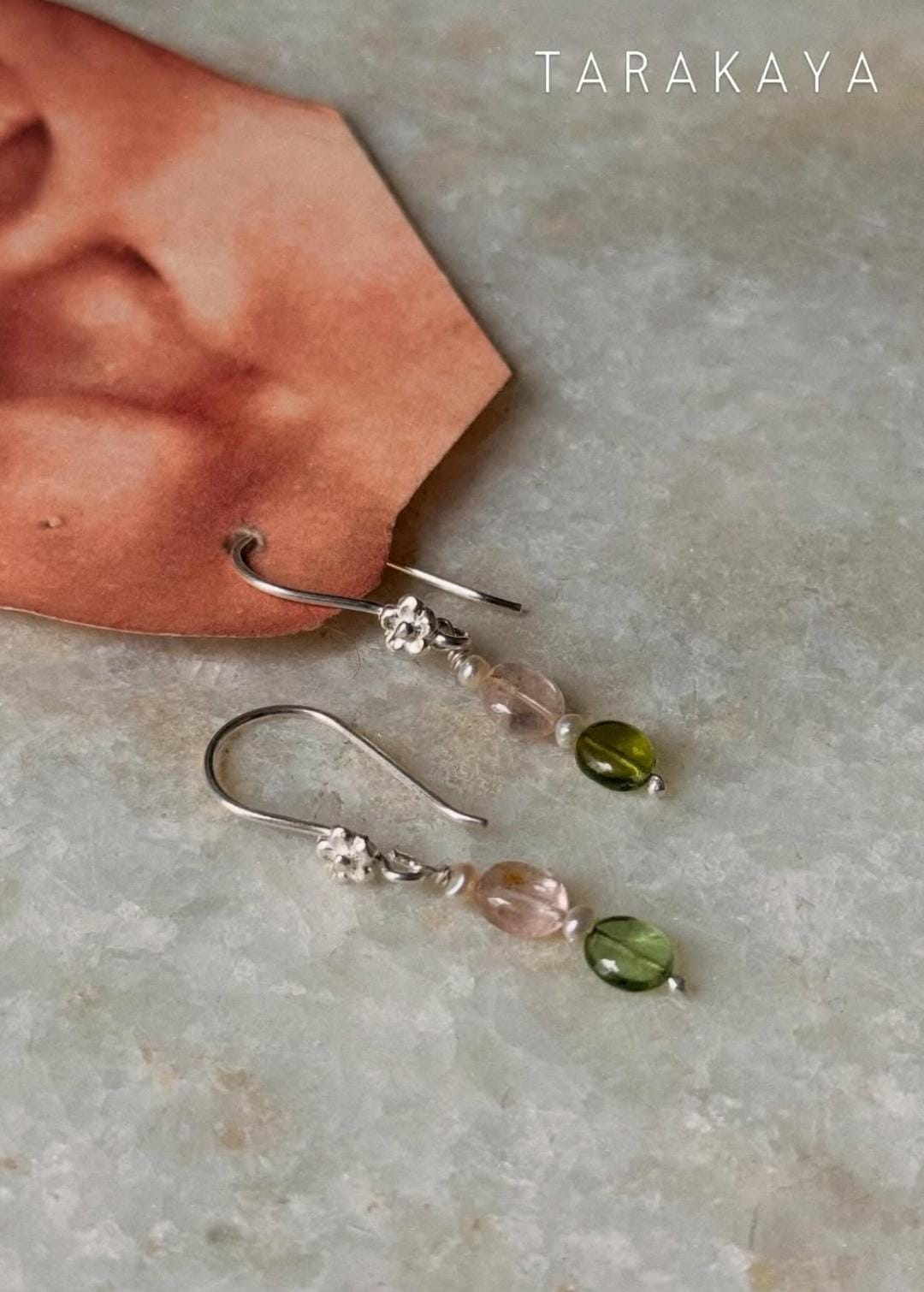 925 Sterling Silver Pink Tourmaline , Green Tourmaline & Fresh Water Pearls Handcrafted Pretty Floral Hook Earrings