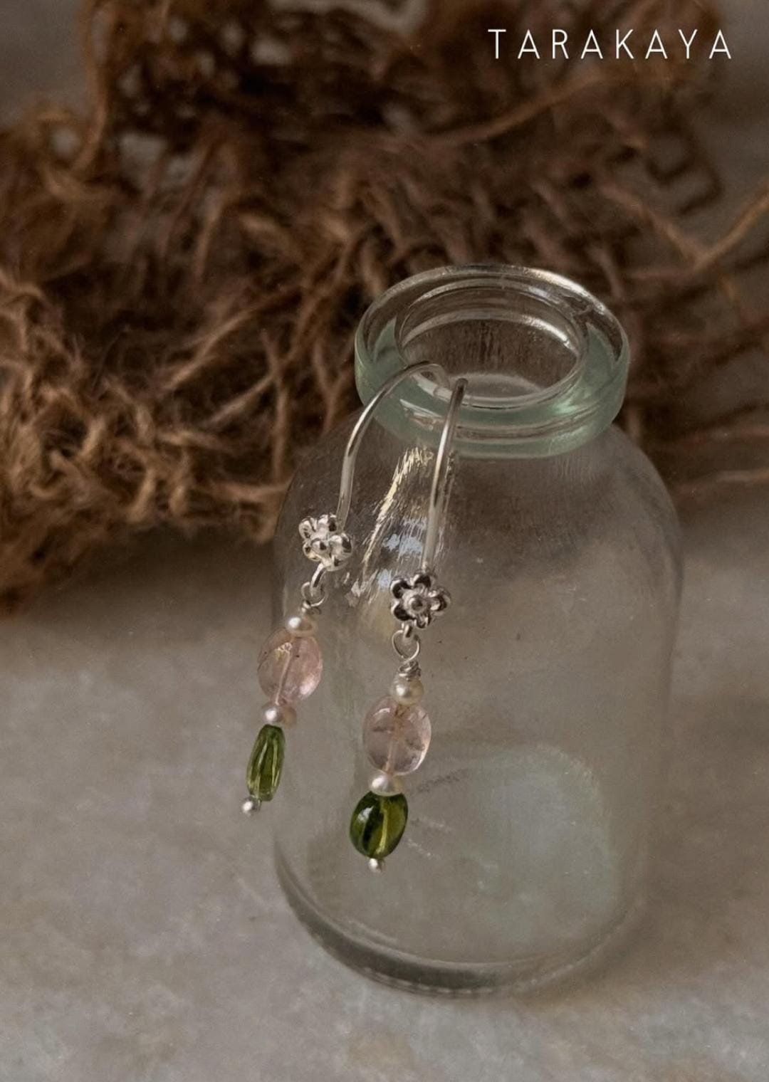 925 Sterling Silver Pink Tourmaline , Green Tourmaline & Fresh Water Pearls Handcrafted Pretty Floral Hook Earrings