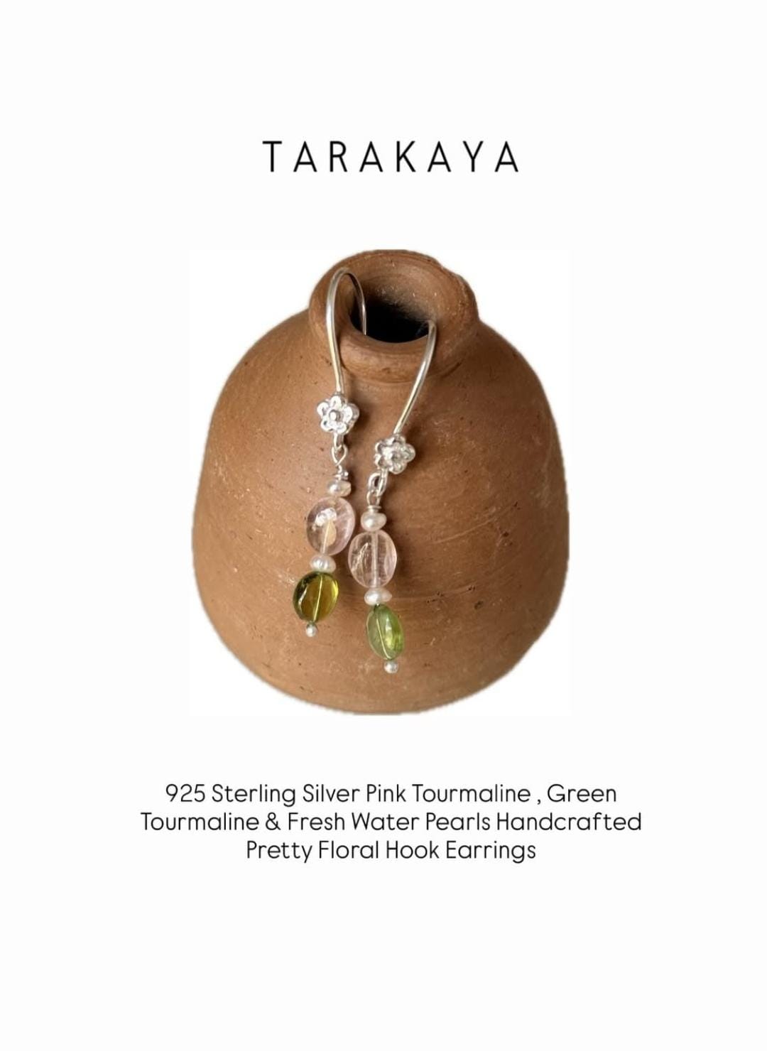 925 Sterling Silver Pink Tourmaline , Green Tourmaline & Fresh Water Pearls Handcrafted Pretty Floral Hook Earrings