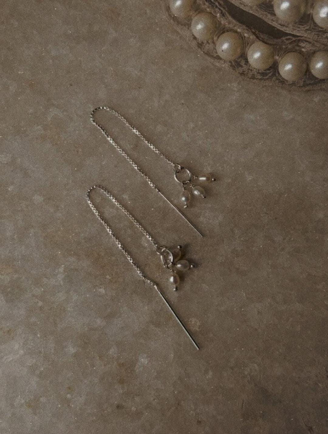 3 Fresh Water Pearls Jhumki Charm Threader/Sui Dhaga 925 Sterling Silver Earrings