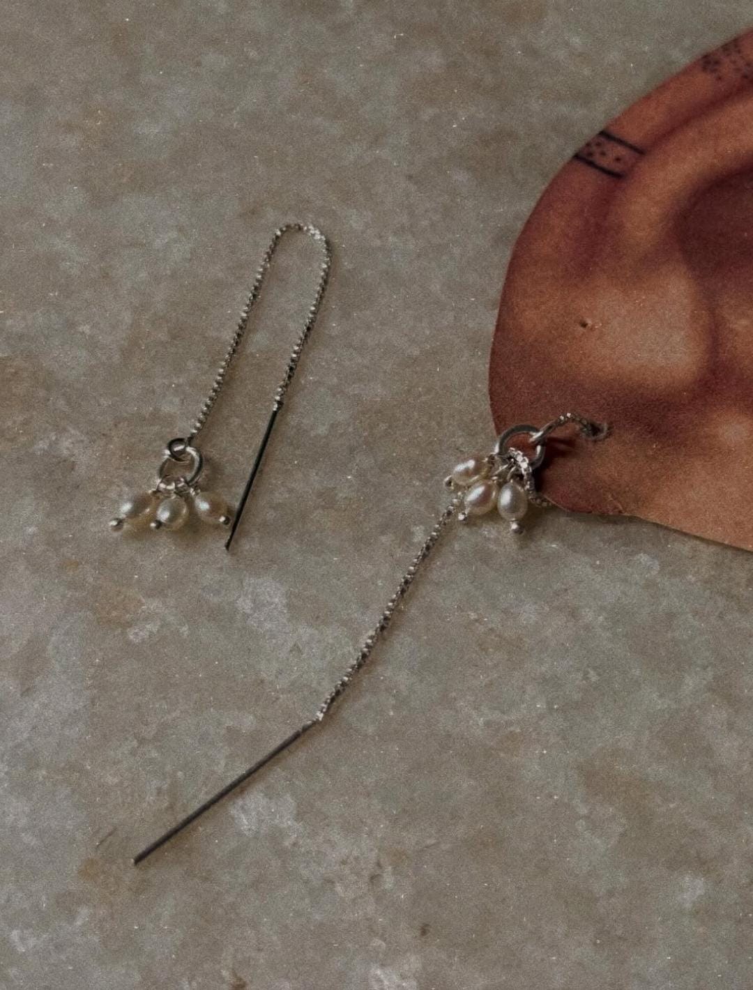 3 Fresh Water Pearls Jhumki Charm Threader/Sui Dhaga 925 Sterling Silver Earrings