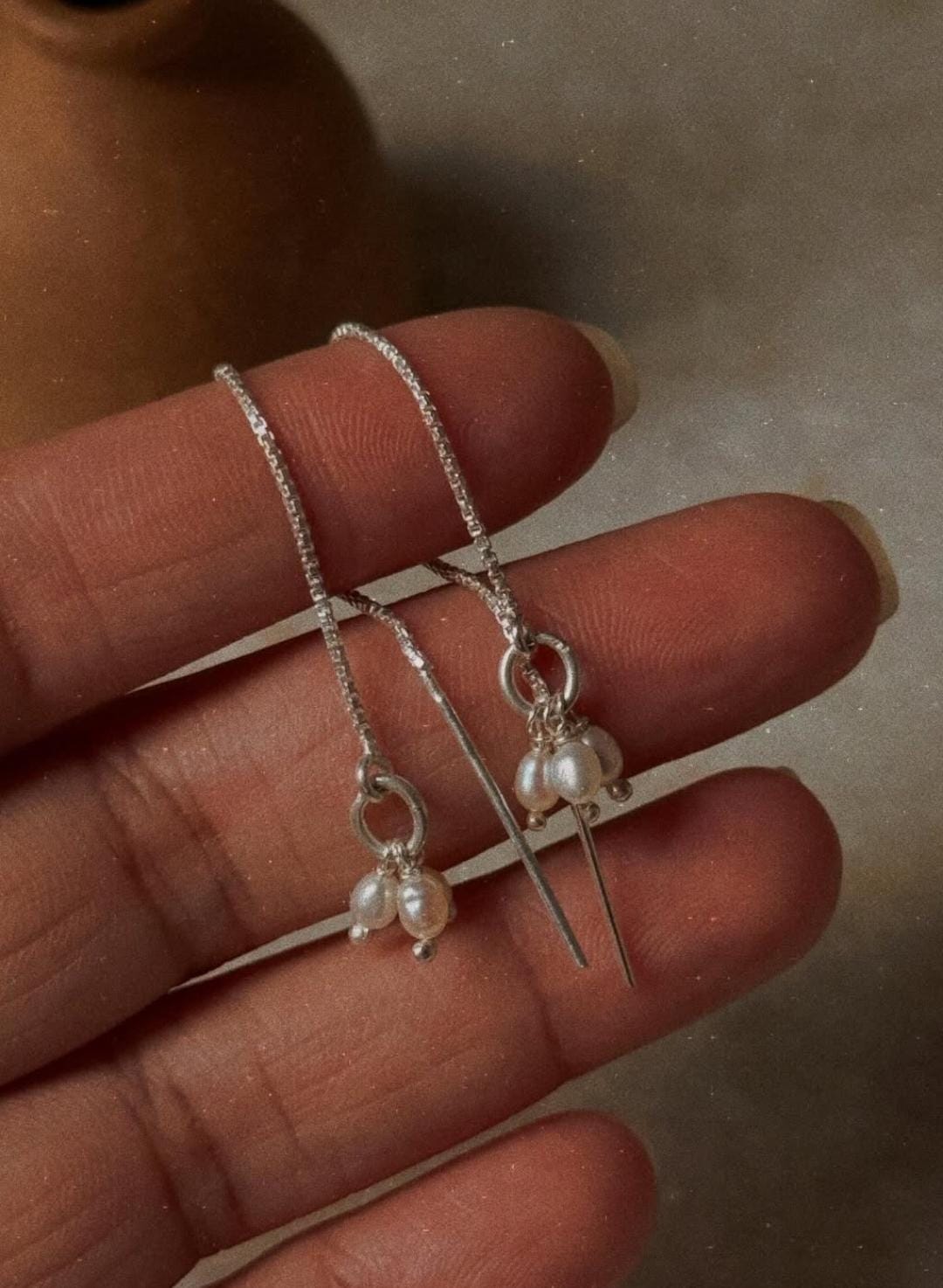 3 Fresh Water Pearls Jhumki Charm Threader/Sui Dhaga 925 Sterling Silver Earrings