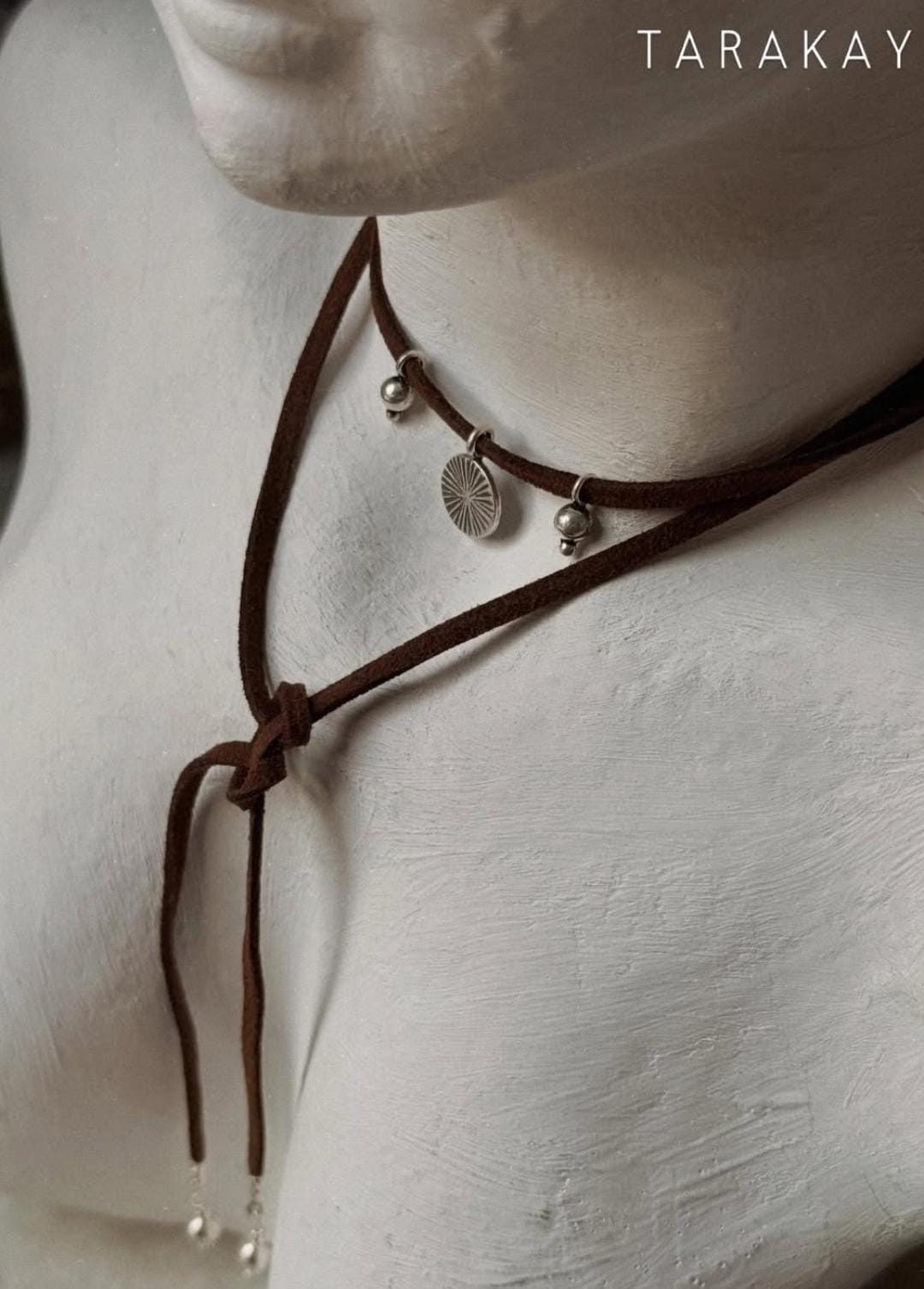 925 Sterling Silver Coin Charm With Silver Beads Boho Style Dark Brown Leather Cord Knot Necklace