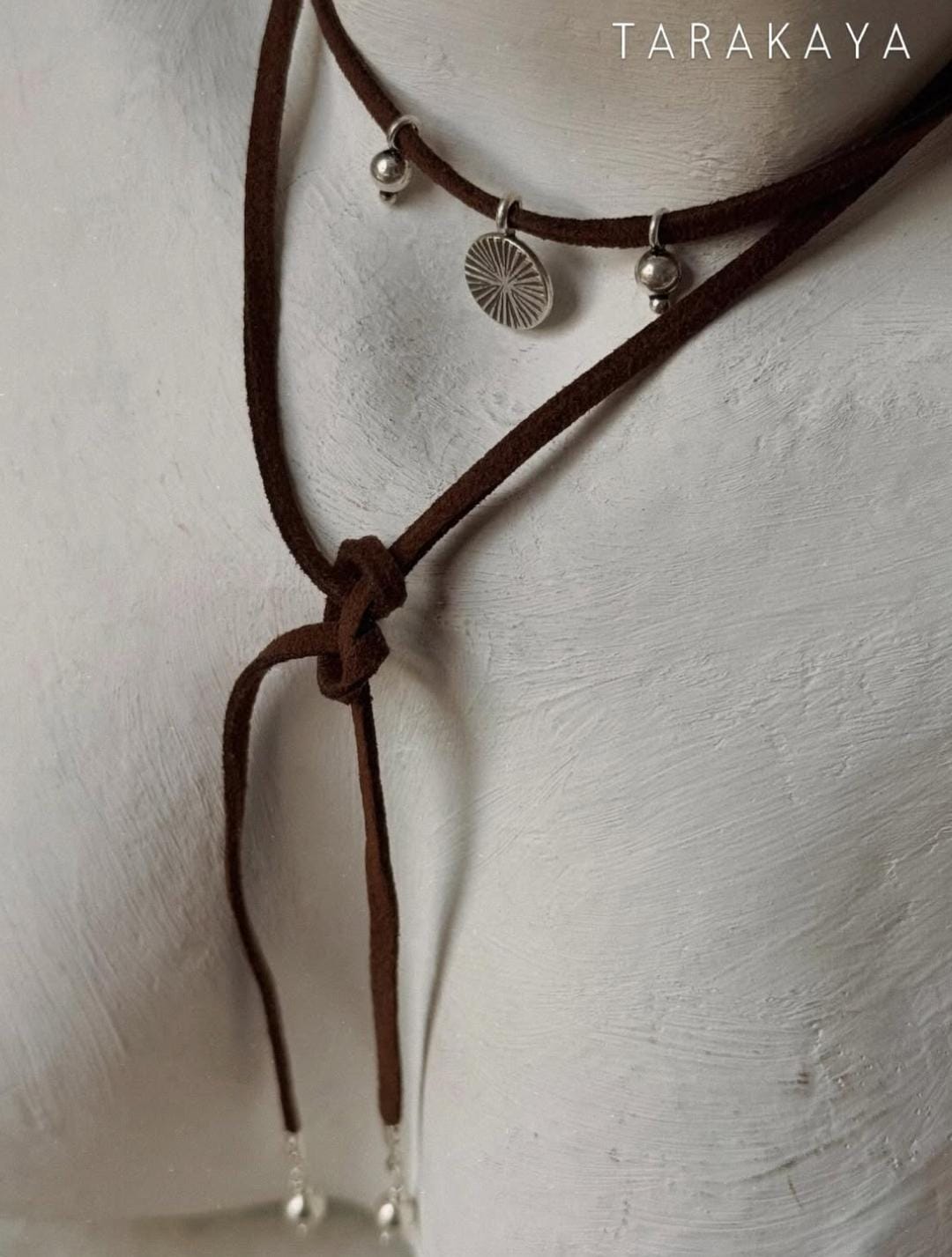 925 Sterling Silver Coin Charm With Silver Beads Boho Style Dark Brown Leather Cord Knot Necklace
