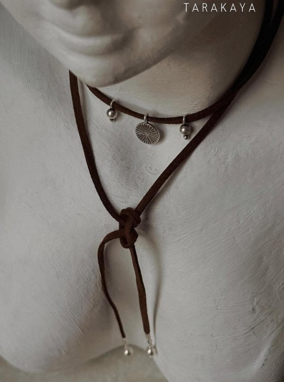 925 Sterling Silver Coin Charm With Silver Beads Boho Style Dark Brown Leather Cord Knot Necklace
