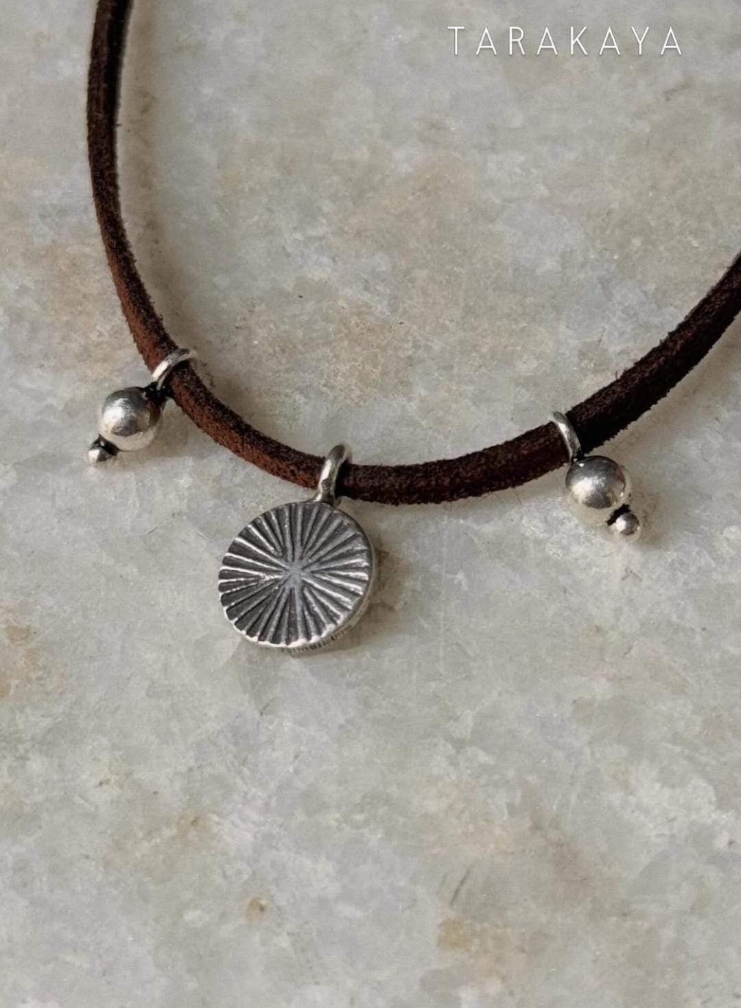 925 Sterling Silver Coin Charm With Silver Beads Boho Style Dark Brown Leather Cord Knot Necklace