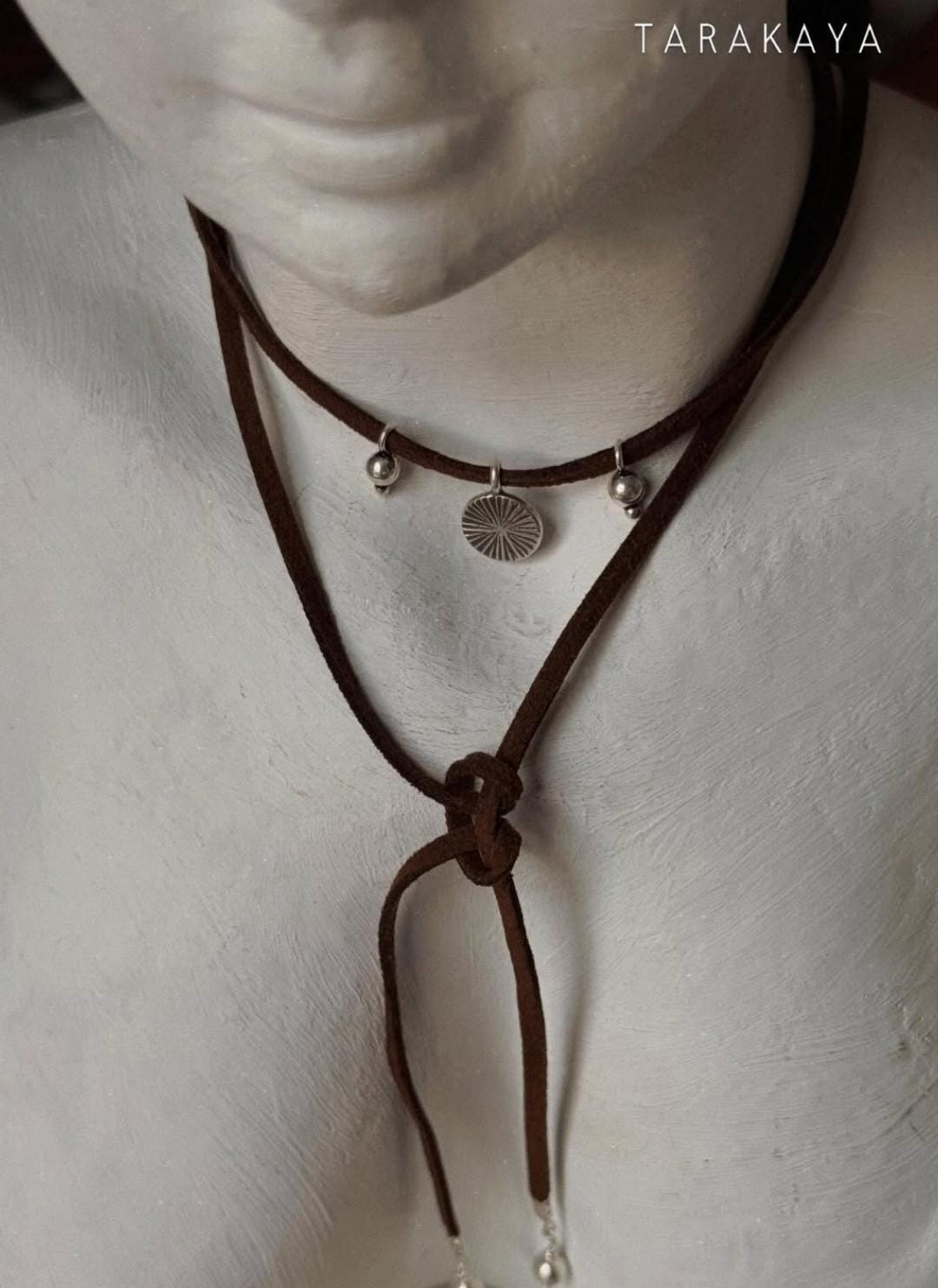925 Sterling Silver Coin Charm With Silver Beads Boho Style Dark Brown Leather Cord Knot Necklace
