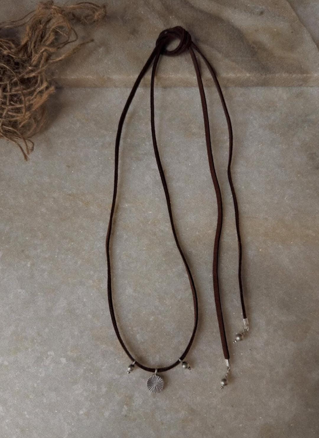 925 Sterling Silver Coin Charm With Silver Beads Boho Style Dark Brown Leather Cord Knot Necklace