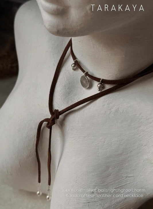 925 Sterling Silver Coin Charm With Silver Beads Boho Style Dark Brown Leather Cord Knot Necklace