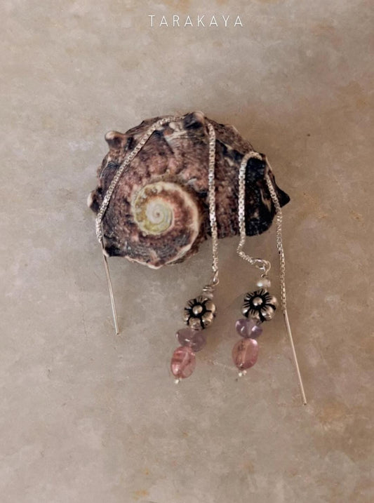 925 Sterling Silver Pink Tourmaline, Pink Amethyst , Fresh Water Pearls Pretty Floral Beads Handcrafted Sui Dhaga / Threader Earrings