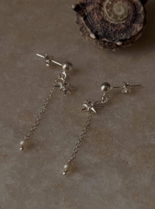 925 Sterling Silver Fresh Water Pearls Connector Chain With North Star White Topaz Charm Studs Earrings