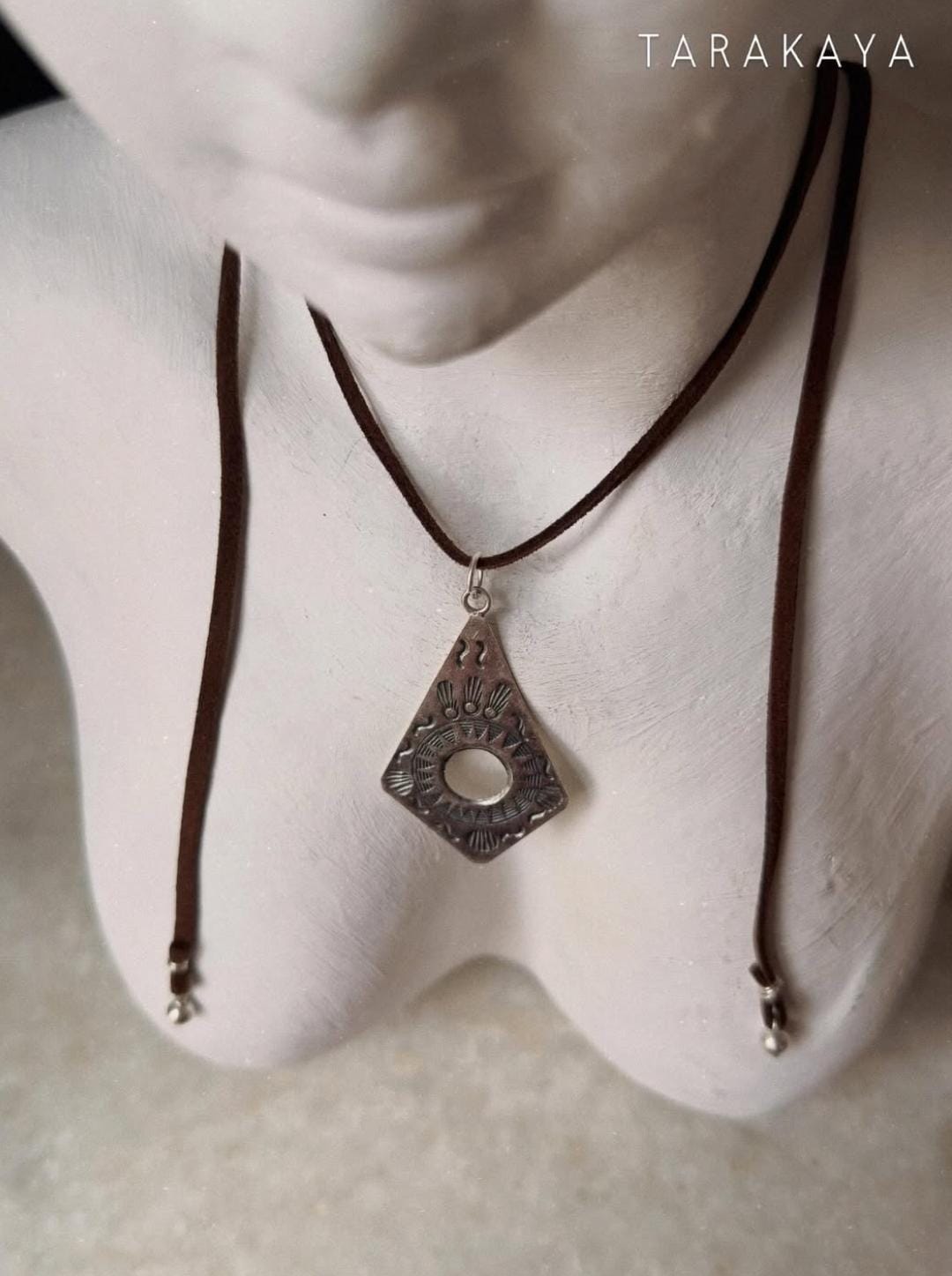 925 Sterling Silver Tribal Surya Engraved Pendant with Ghungroo Charm Brown Cord Leather Necklace