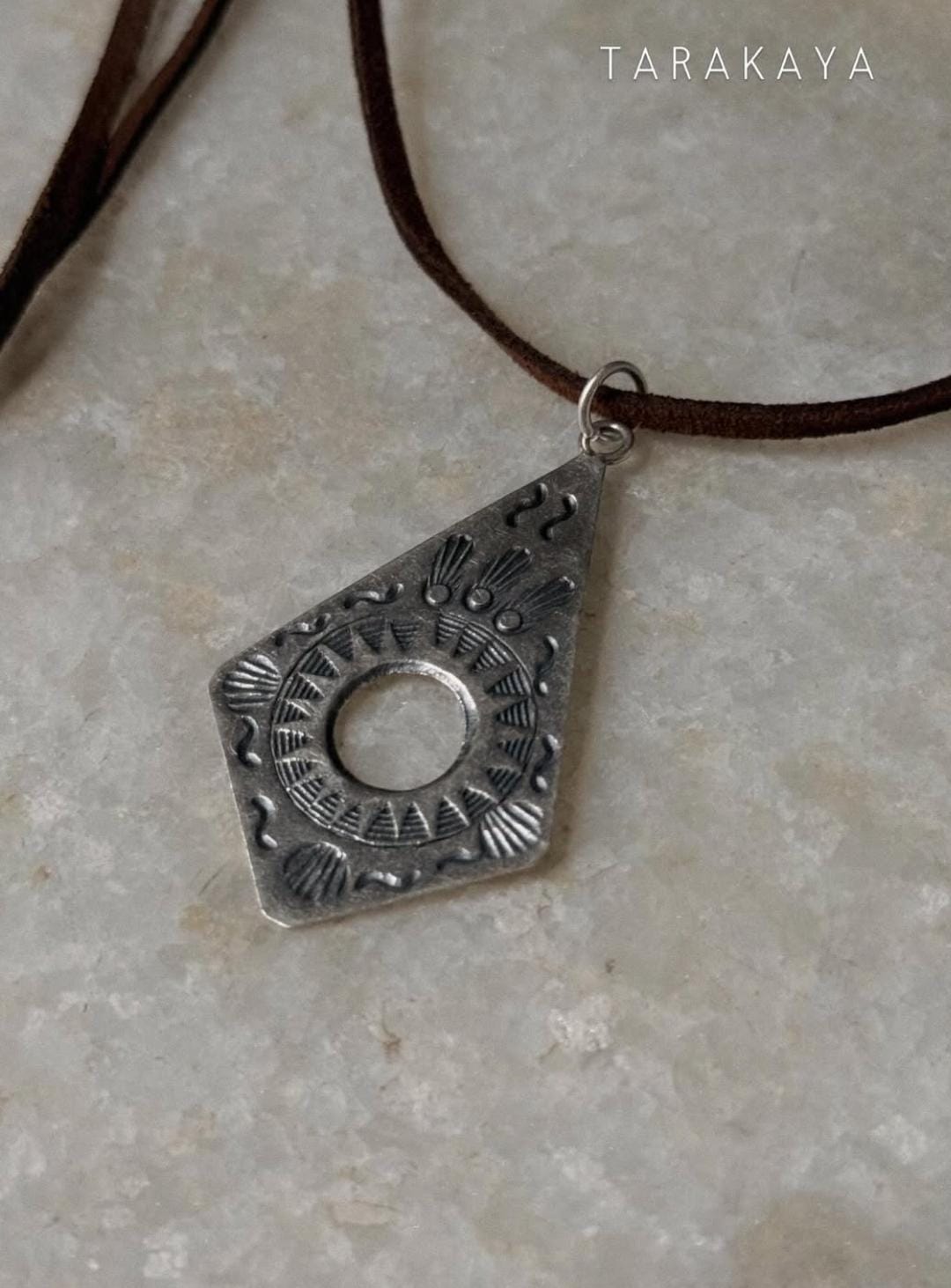 925 Sterling Silver Tribal Surya Engraved Pendant with Ghungroo Charm Brown Cord Leather Necklace