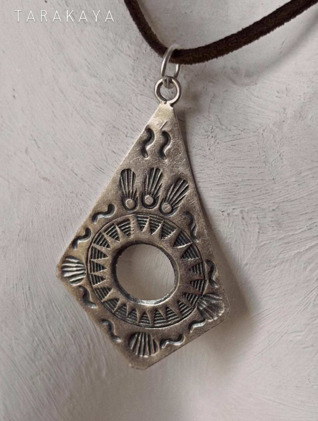 925 Sterling Silver Tribal Surya Engraved Pendant with Ghungroo Charm Brown Cord Leather Necklace