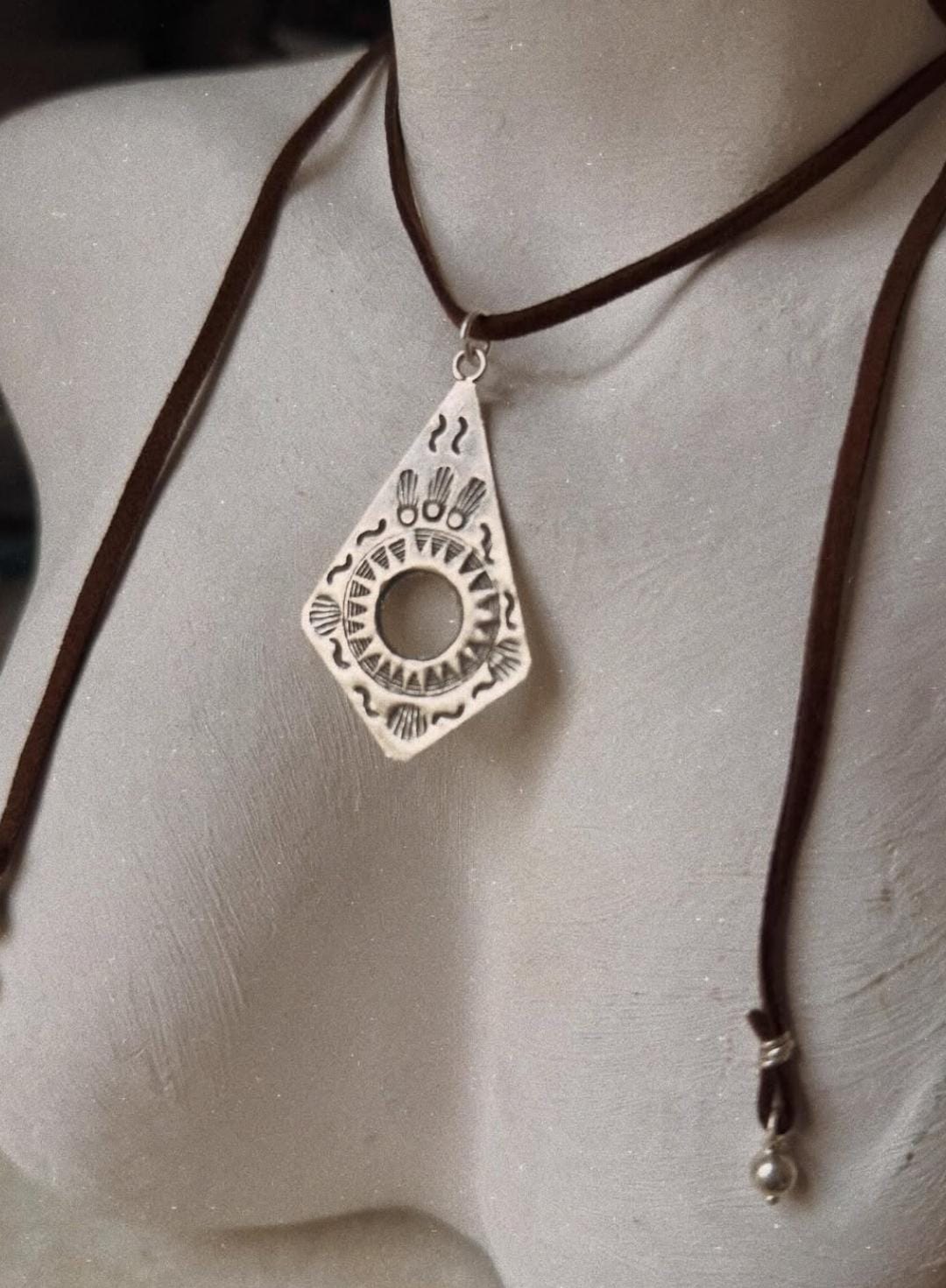 925 Sterling Silver Tribal Surya Engraved Pendant with Ghungroo Charm Brown Cord Leather Necklace