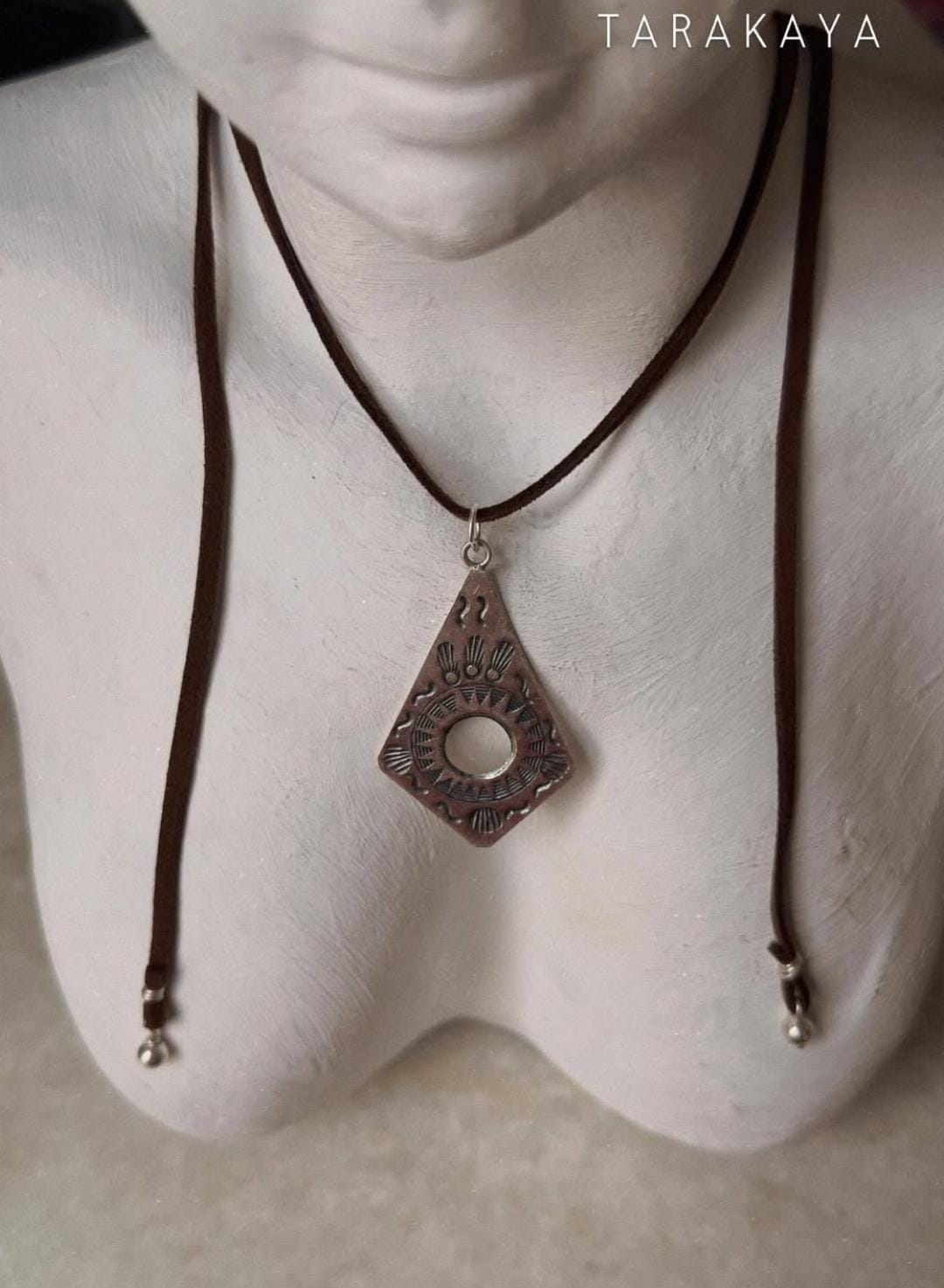 925 Sterling Silver Tribal Surya Engraved Pendant with Ghungroo Charm Brown Cord Leather Necklace