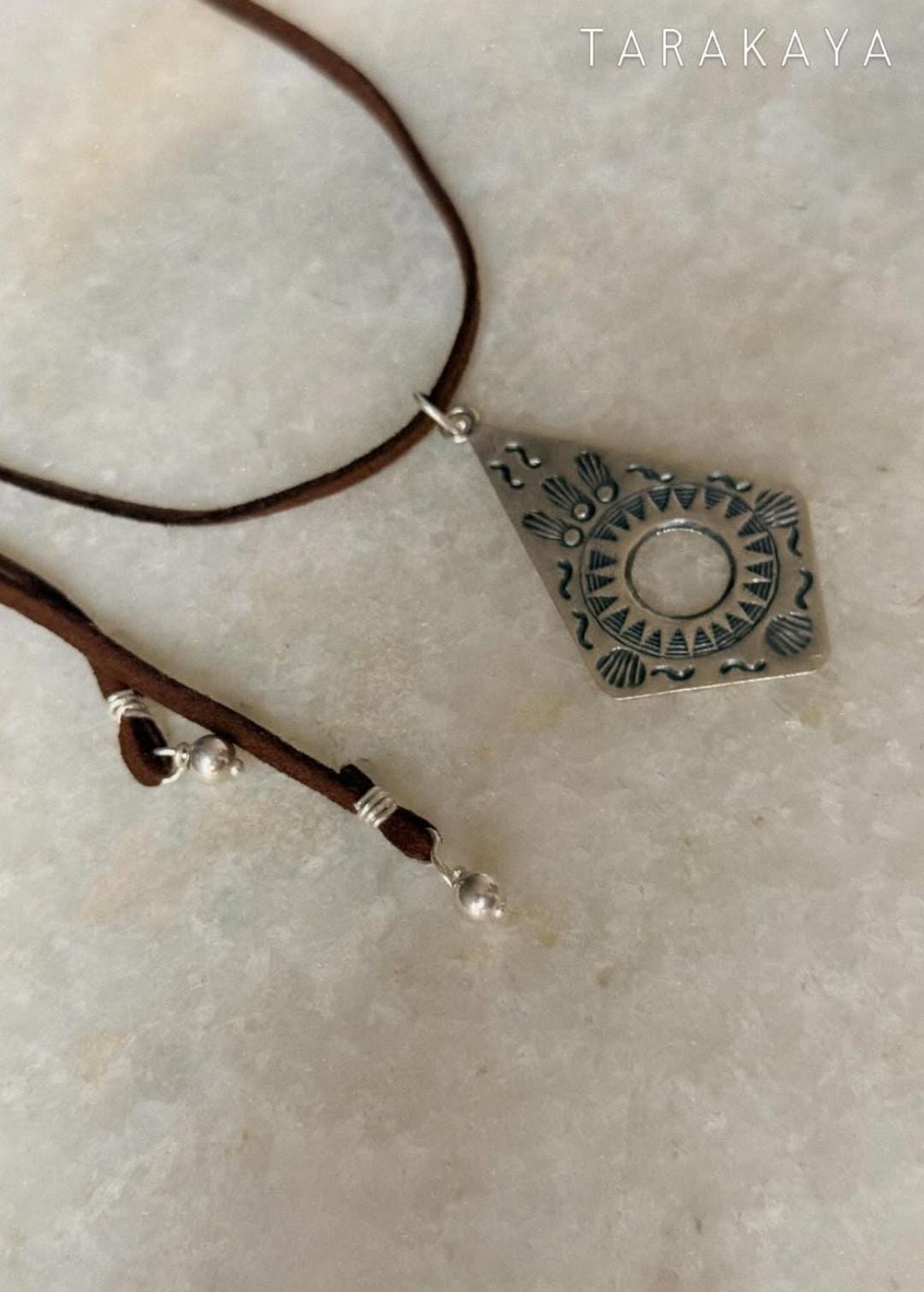 925 Sterling Silver Tribal Surya Engraved Pendant with Ghungroo Charm Brown Cord Leather Necklace