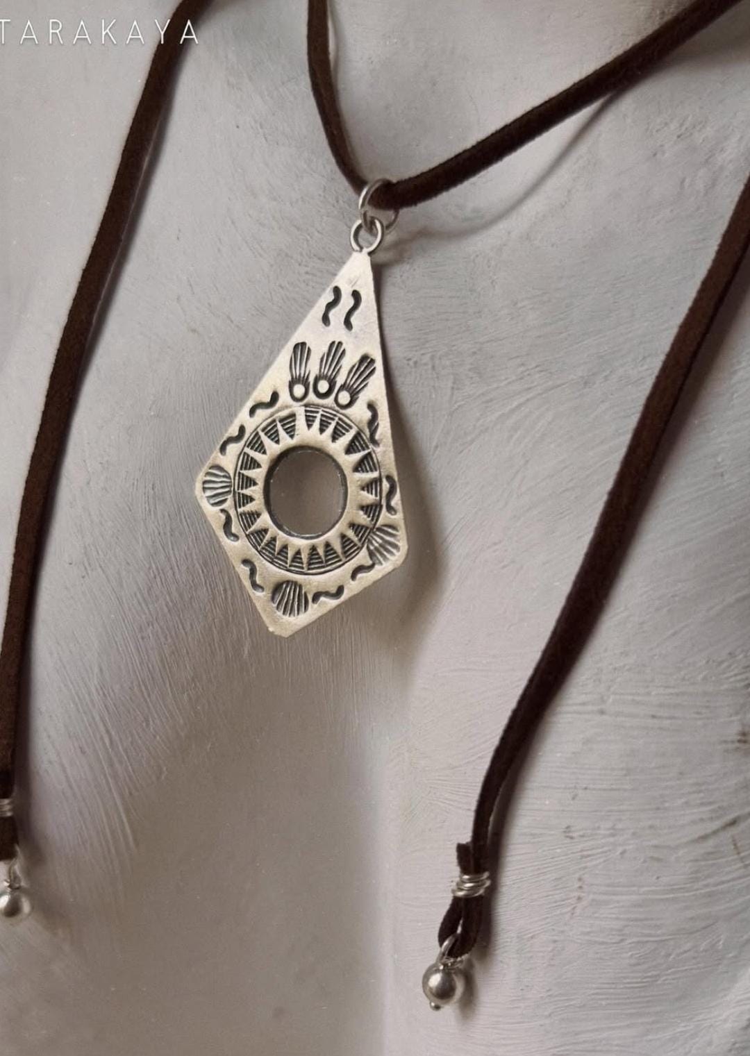 925 Sterling Silver Tribal Surya Engraved Pendant with Ghungroo Charm Brown Cord Leather Necklace