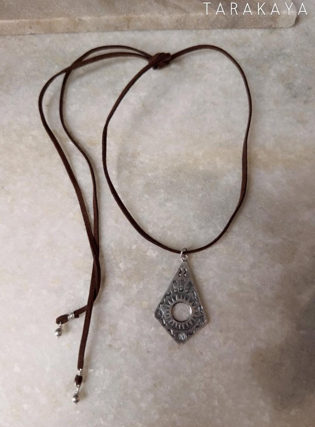 925 Sterling Silver Tribal Surya Engraved Pendant with Ghungroo Charm Brown Cord Leather Necklace