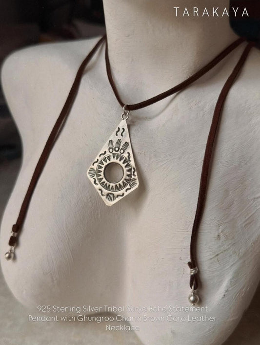 925 Sterling Silver Tribal Surya Engraved Pendant with Ghungroo Charm Brown Cord Leather Necklace