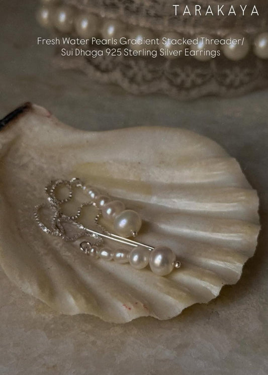 Fresh Water Pearls Gradient Stacked Threader/Sui Dhaga 925 Sterling Silver Earrings