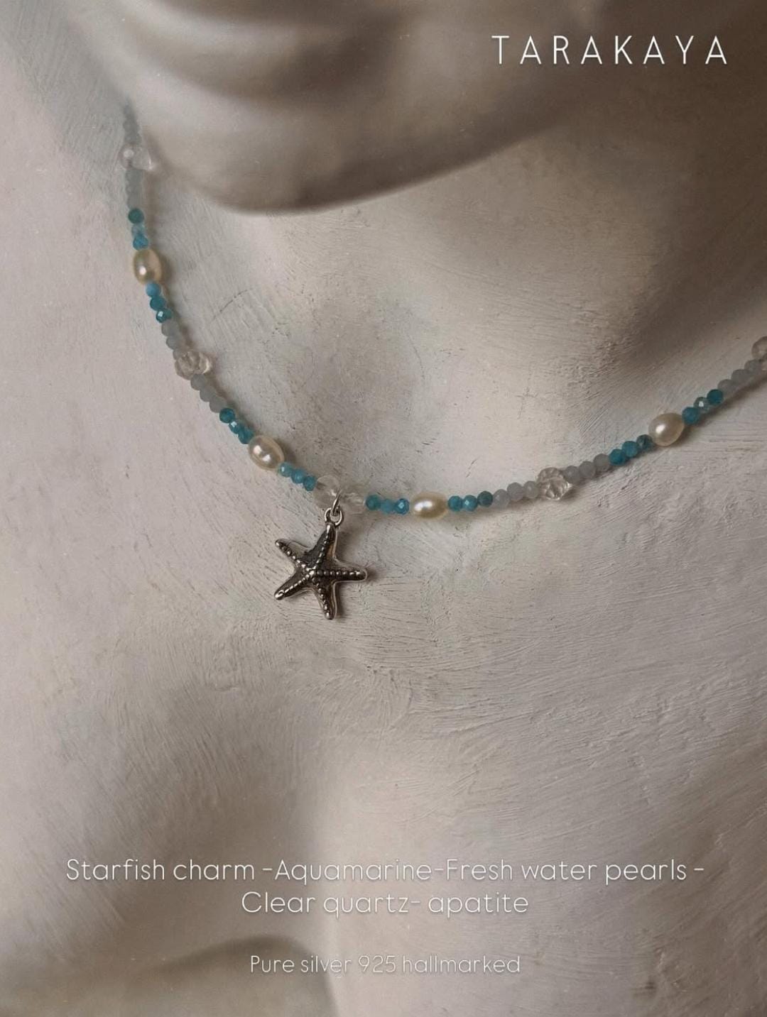 Apatite, Pearl, Clear Quartz & Aquamarine Starfish Charm 925 Sterling Silver Necklace