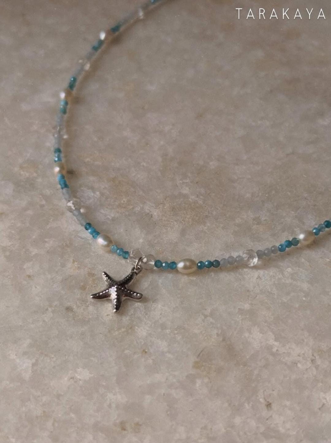 Apatite, Pearl, Clear Quartz & Aquamarine Starfish Charm 925 Sterling Silver Necklace