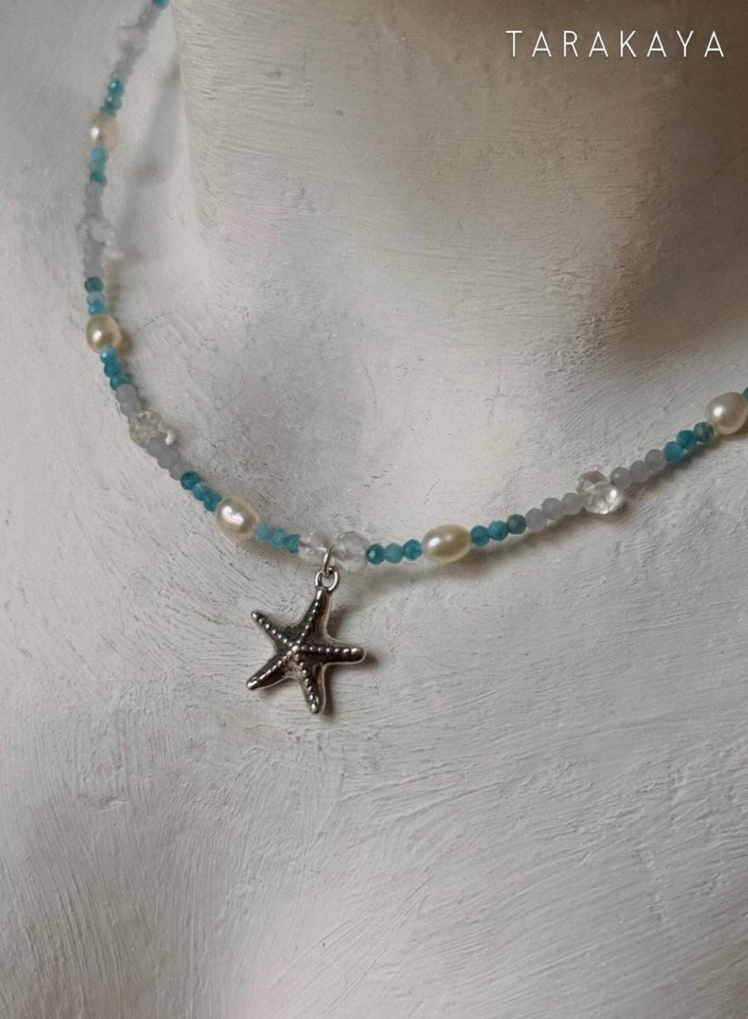 Apatite, Pearl, Clear Quartz & Aquamarine Starfish Charm 925 Sterling Silver Necklace