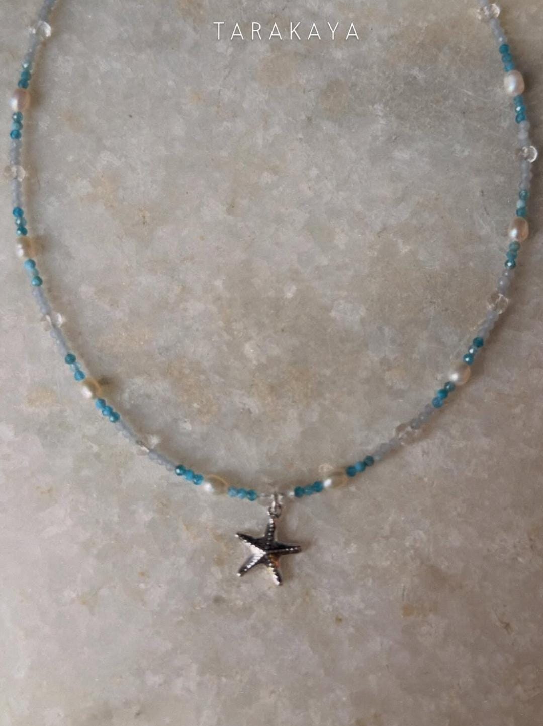Apatite, Pearl, Clear Quartz & Aquamarine Starfish Charm 925 Sterling Silver Necklace