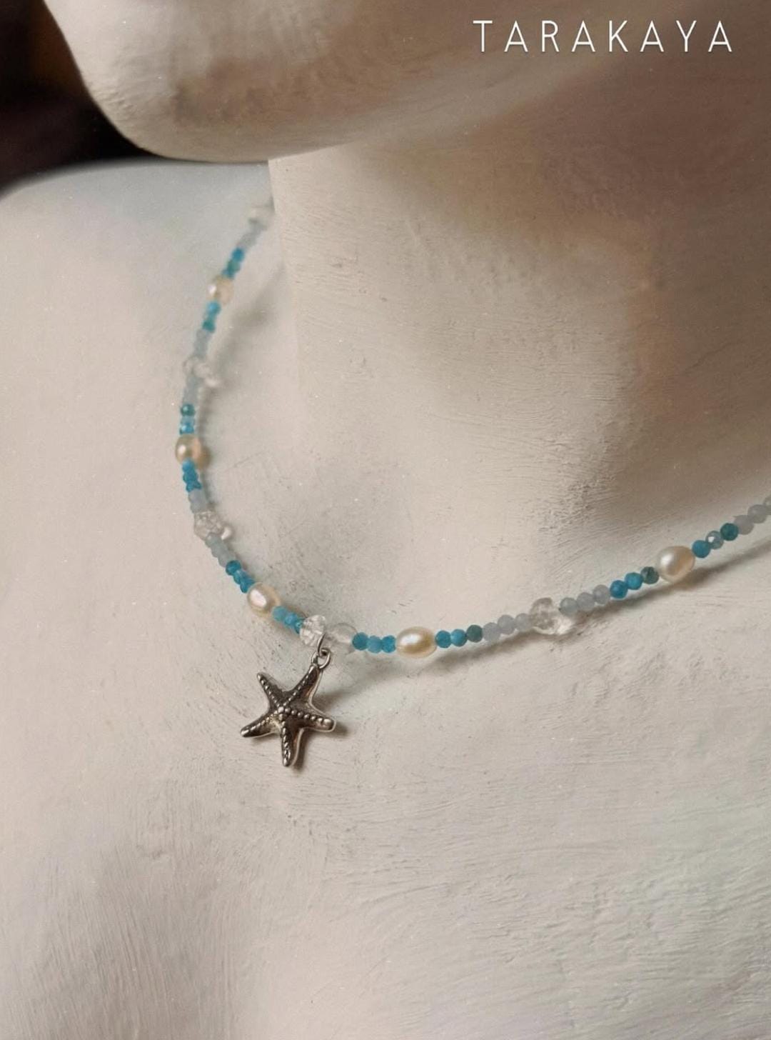 Apatite, Pearl, Clear Quartz & Aquamarine Starfish Charm 925 Sterling Silver Necklace