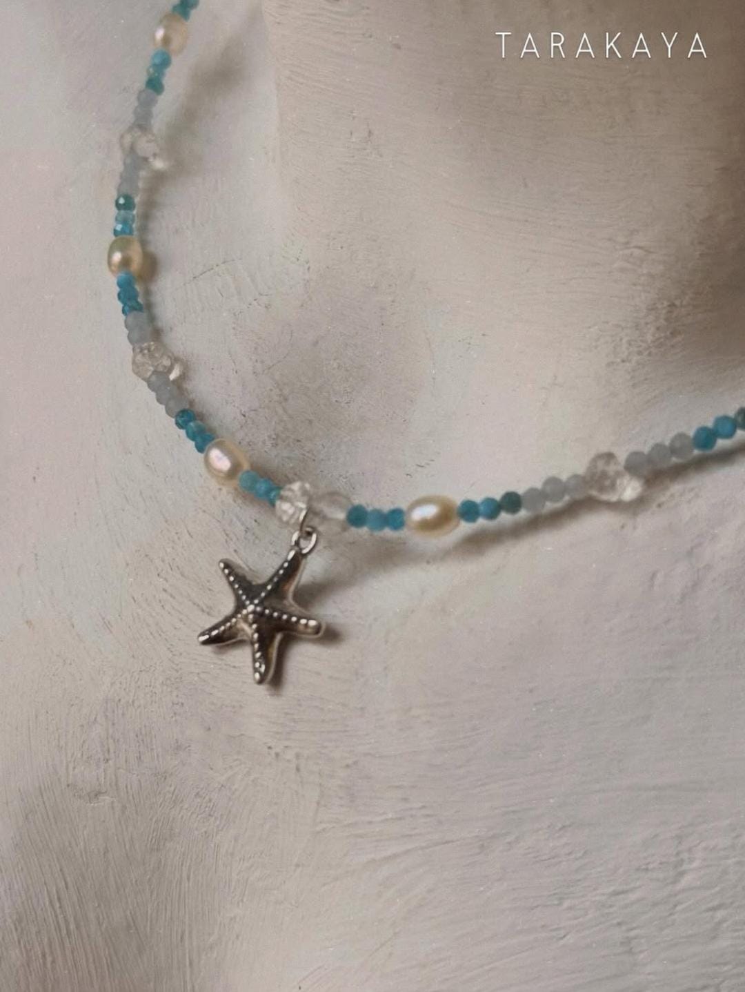 Apatite, Pearl, Clear Quartz & Aquamarine Starfish Charm 925 Sterling Silver Necklace
