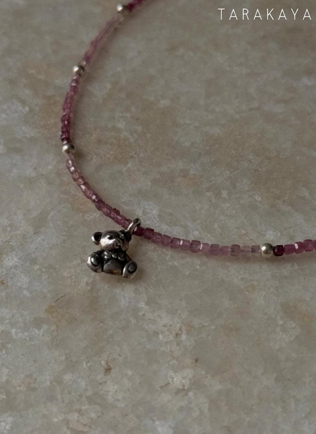 925 Sterling Silver Pink Tourmaline Gradient Box - Cute Teddy Bear Charm & Silver Balls Handcrafted Necklace