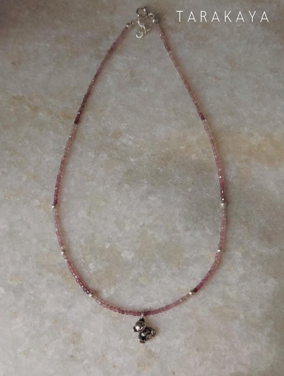 925 Sterling Silver Pink Tourmaline Gradient Box - Cute Teddy Bear Charm & Silver Balls Handcrafted Necklace