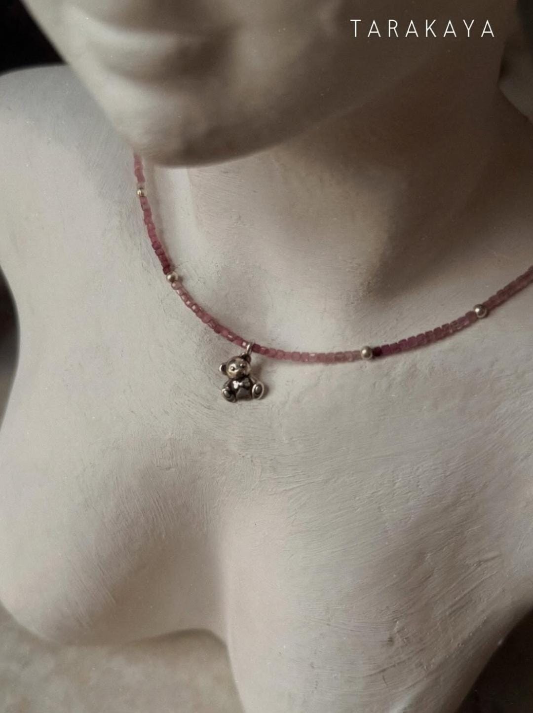 925 Sterling Silver Pink Tourmaline Gradient Box - Cute Teddy Bear Charm & Silver Balls Handcrafted Necklace