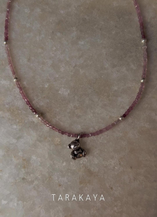 925 Sterling Silver Pink Tourmaline Gradient Box - Cute Teddy Bear Charm & Silver Balls Handcrafted Necklace