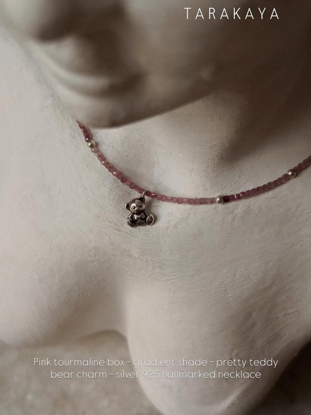 925 Sterling Silver Pink Tourmaline Gradient Box - Cute Teddy Bear Charm & Silver Balls Handcrafted Necklace