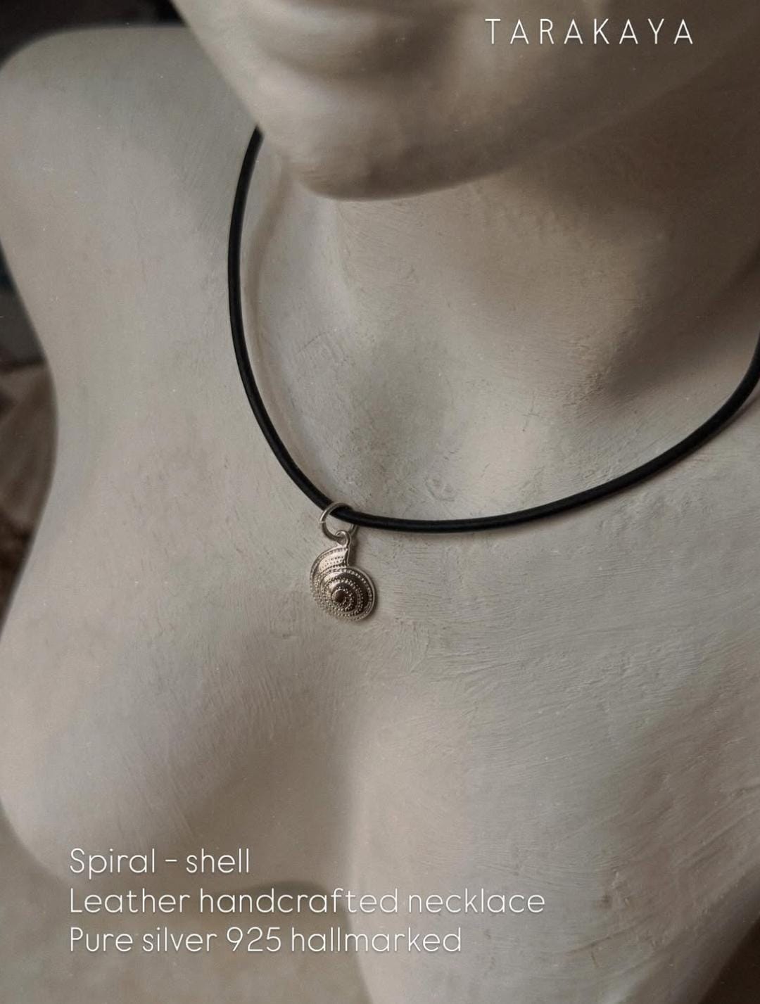 925 Sterling Silver Spiral Shell Charm Handcrafted Leather Necklace
