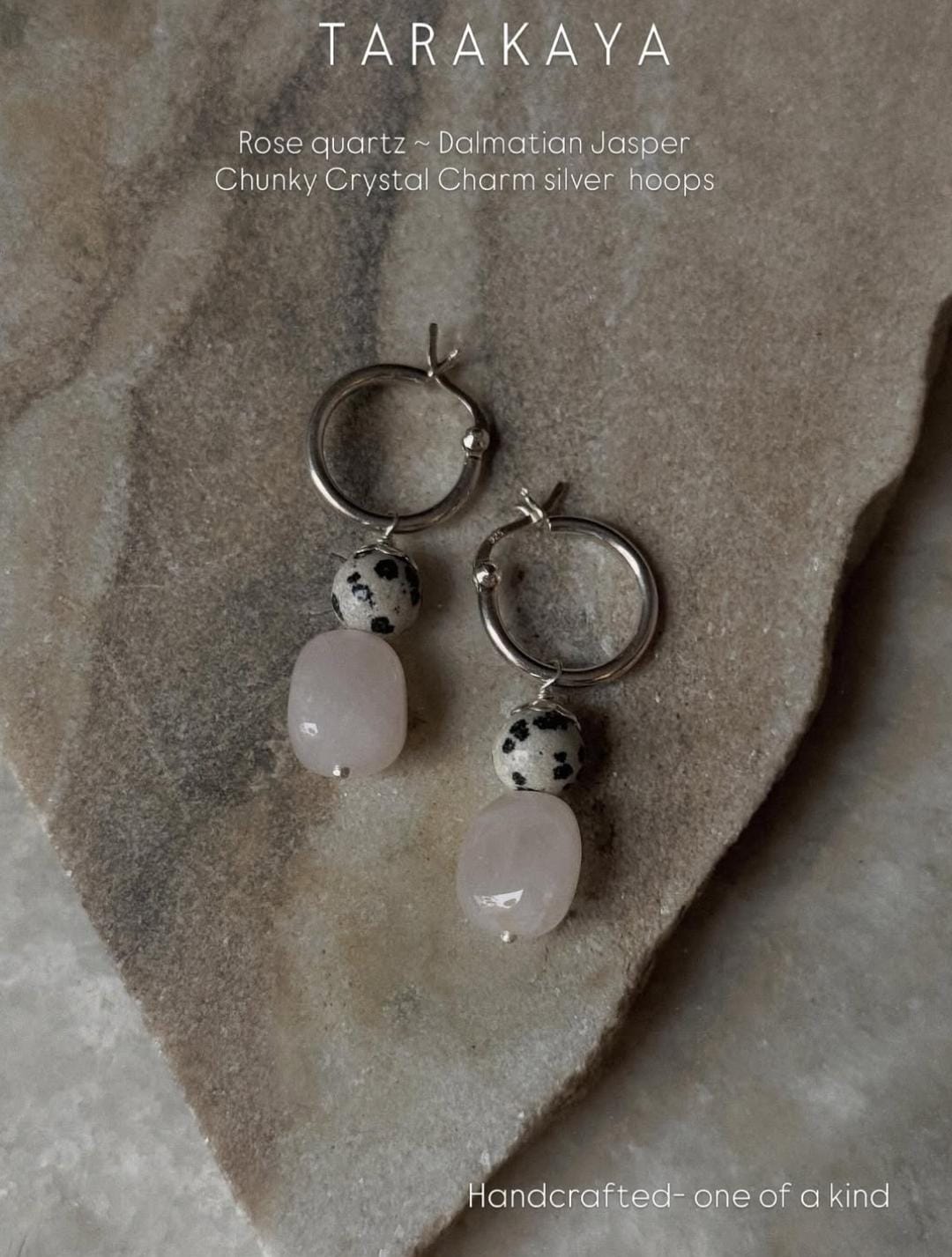 925 Sterling Silver Chunky Rose Quartz, Dalmatian Jasper Handcrafted Hoops