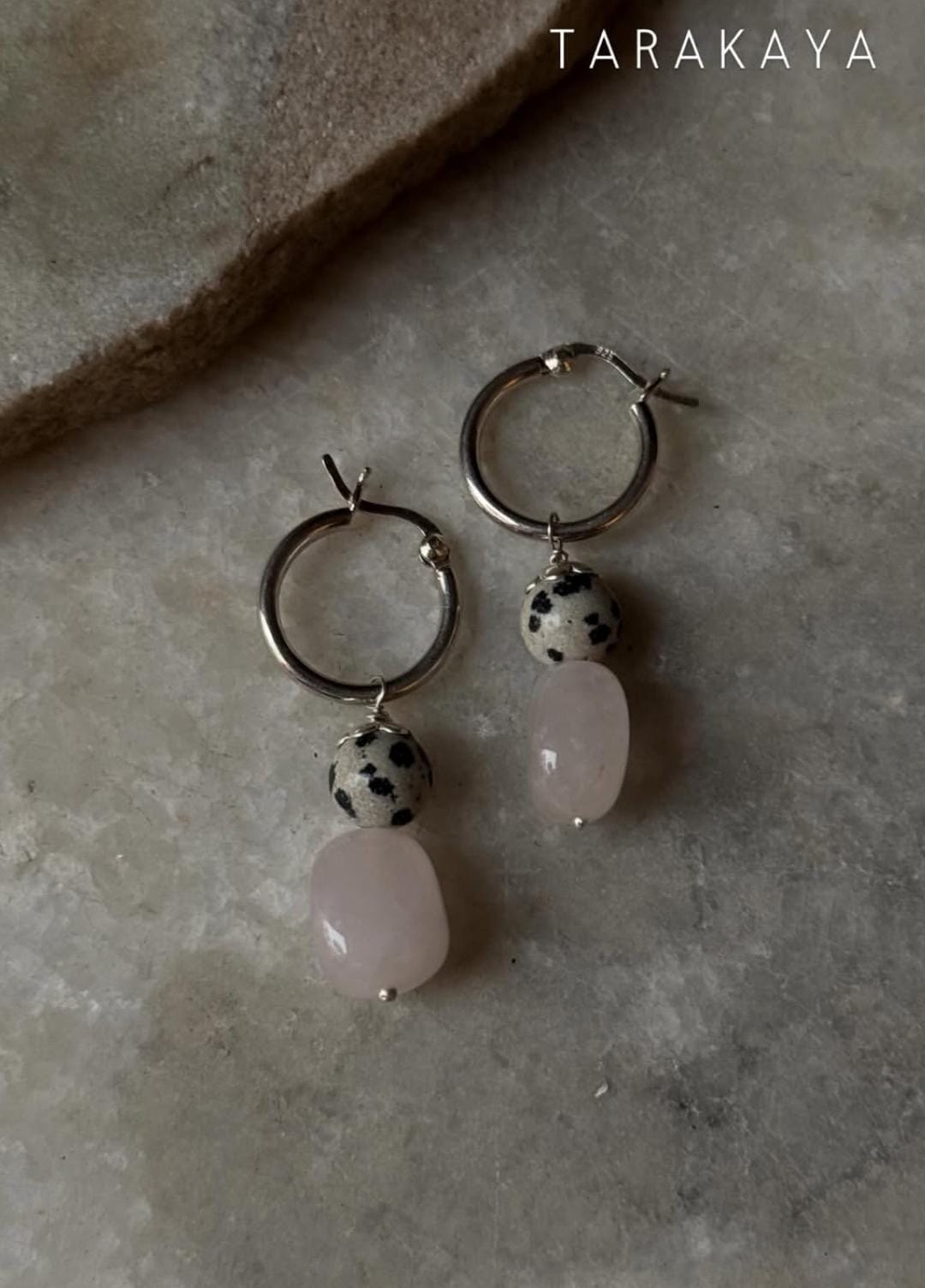 925 Sterling Silver Chunky Rose Quartz, Dalmatian Jasper Handcrafted Hoops