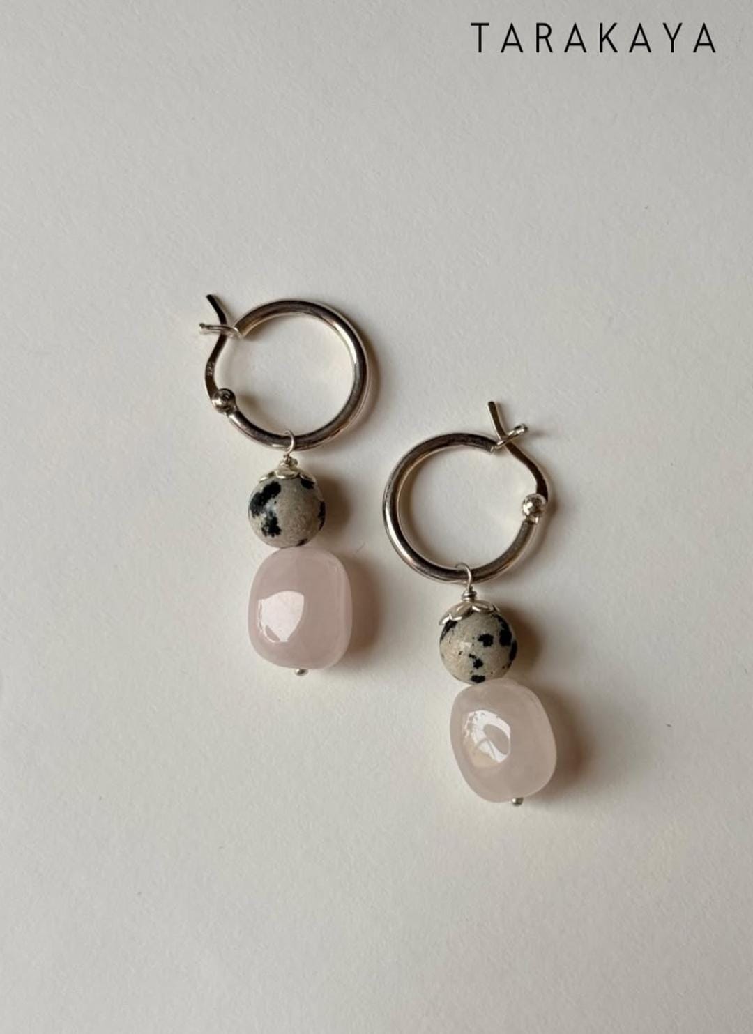 925 Sterling Silver Chunky Rose Quartz, Dalmatian Jasper Handcrafted Hoops