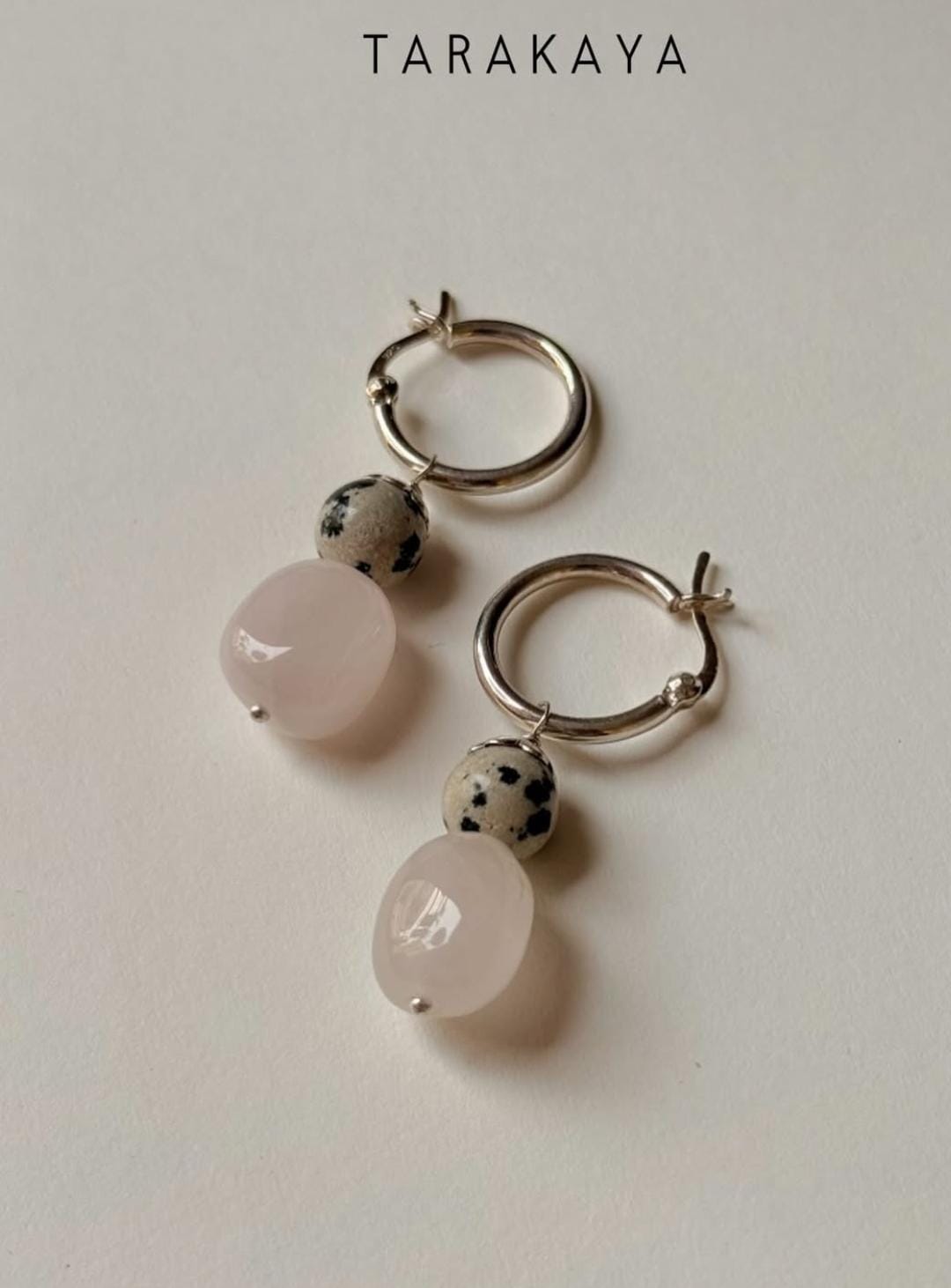 925 Sterling Silver Chunky Rose Quartz, Dalmatian Jasper Handcrafted Hoops