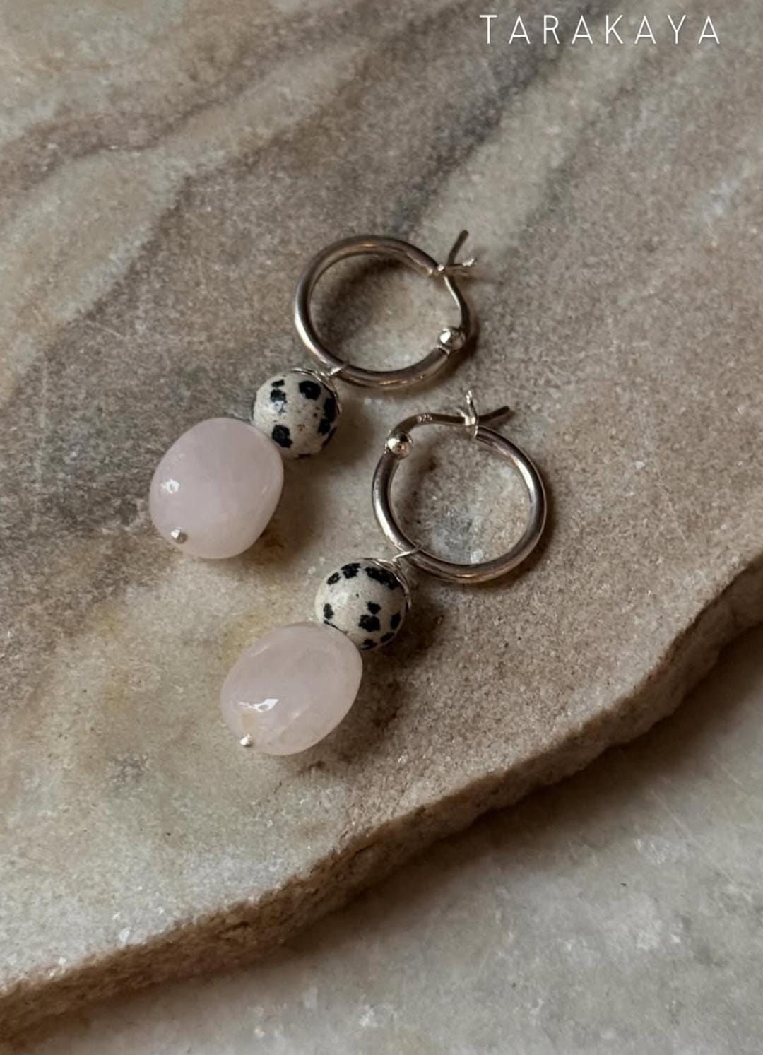 925 Sterling Silver Chunky Rose Quartz, Dalmatian Jasper Handcrafted Hoops