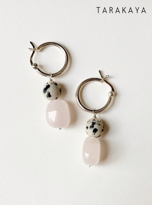 925 Sterling Silver Chunky Rose Quartz, Dalmatian Jasper Handcrafted Hoops