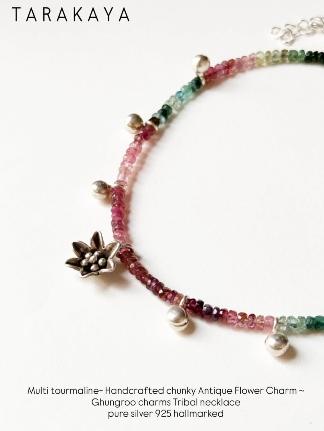 925 Sterling Silver Multi Tourmaline Chunky Antique Floral Charm & Ghungroo Tribal Necklace